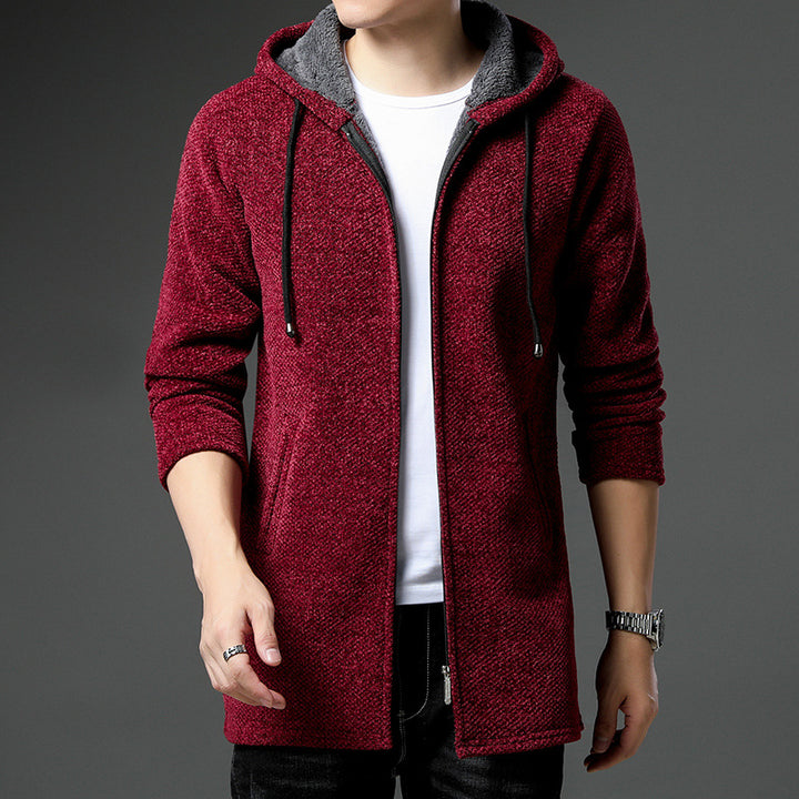 Herren nan urbaner Kapuzen-Strickmantel mit Teddyfutter, verdecktem Reißverschluss und seitlichen Eingrifftaschen Drune