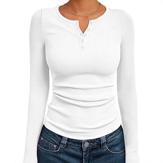 Damen Figurbetontes Langarmshirt mit Knopfleiste und Rippstruktur Drune