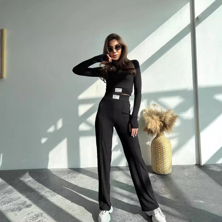 Damen Elegantes langärmeliges Oberteil mit passender Hose im Rippdesign Drune