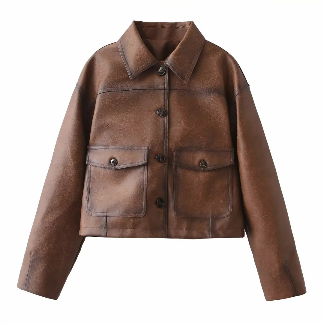 Damen cropped Lederjacke mit praktischen Brusttaschen und Knopfdetails Drune