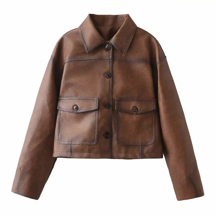 Damen cropped Lederjacke mit praktischen Brusttaschen und Knopfdetails Drune