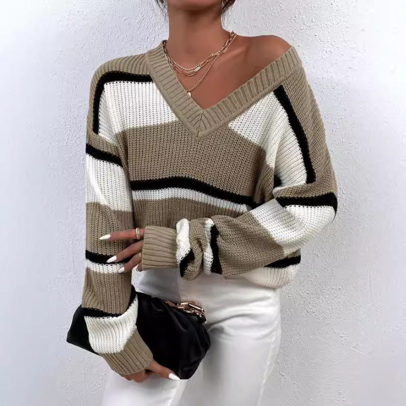 Damen modischer V-Ausschnitt Strickpullover mit breiten Streifen Drune