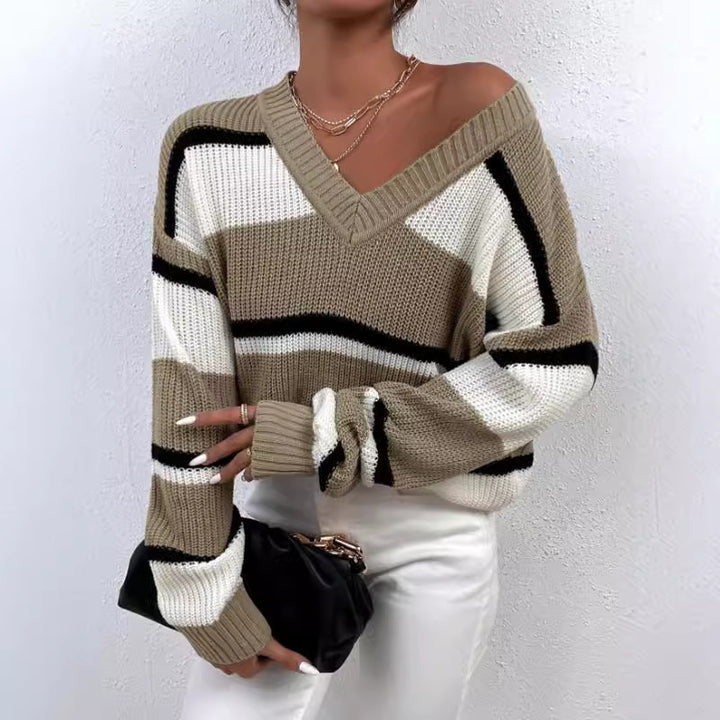 Damen modischer V-Ausschnitt Strickpullover mit breiten Streifen Drune