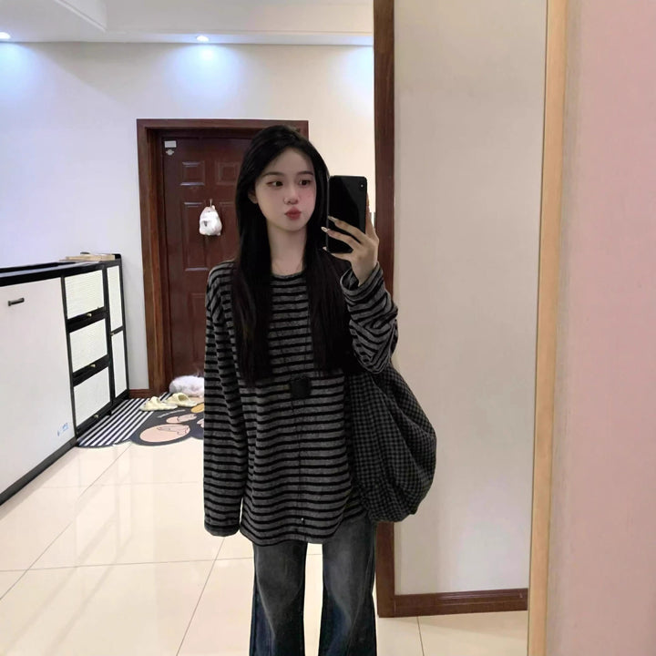Damen Lässiges gestreiftes Oversized-Shirt mit weiten Ärmeln Drune