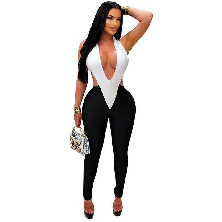 Damen Eleganter und figurbetonter Jumpsuit mit tiefem V-Ausschnitt und seitlichen Cut-Outs Drune