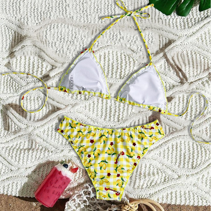 Damen Triangel Bikini mit frischem Karomuster und kontrastierenden Schleifen Drune
