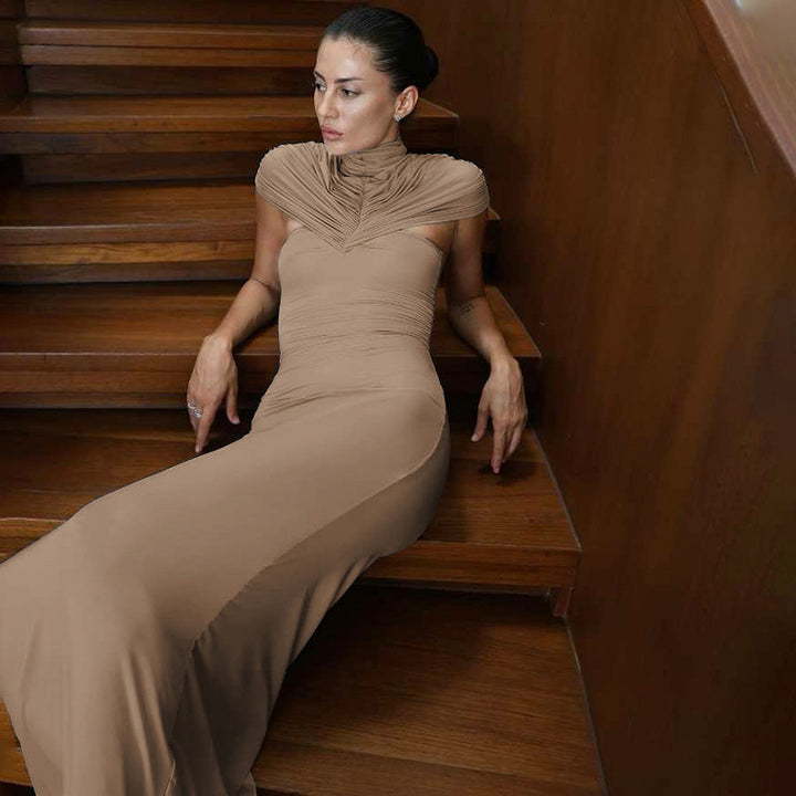 Damen Elegantes Maxikleid mit hochgeschlossenem, drapiertem Kragen Drune