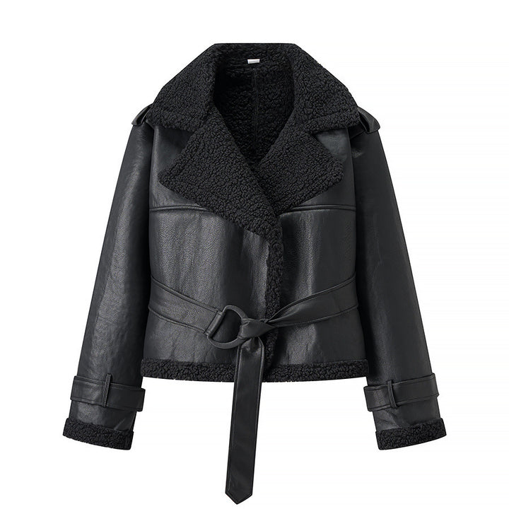 Damen modische Kunstlederjacke mit Teddyfell-Kragen und taillierbarem Gürtel Drune