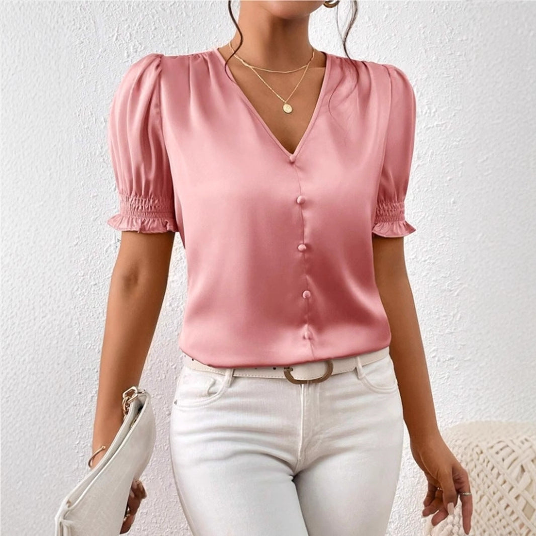 Damen Satinbluse mit Puffärmeln und eleganter Knopfleiste Drune