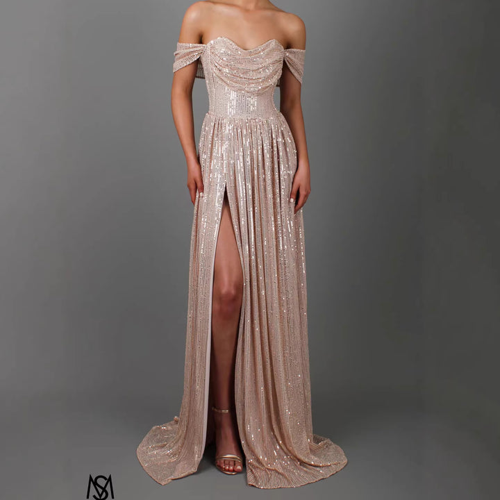 Damen Glitzerndes und schulterfreies Abendkleid mit tiefem Schlitz Drune