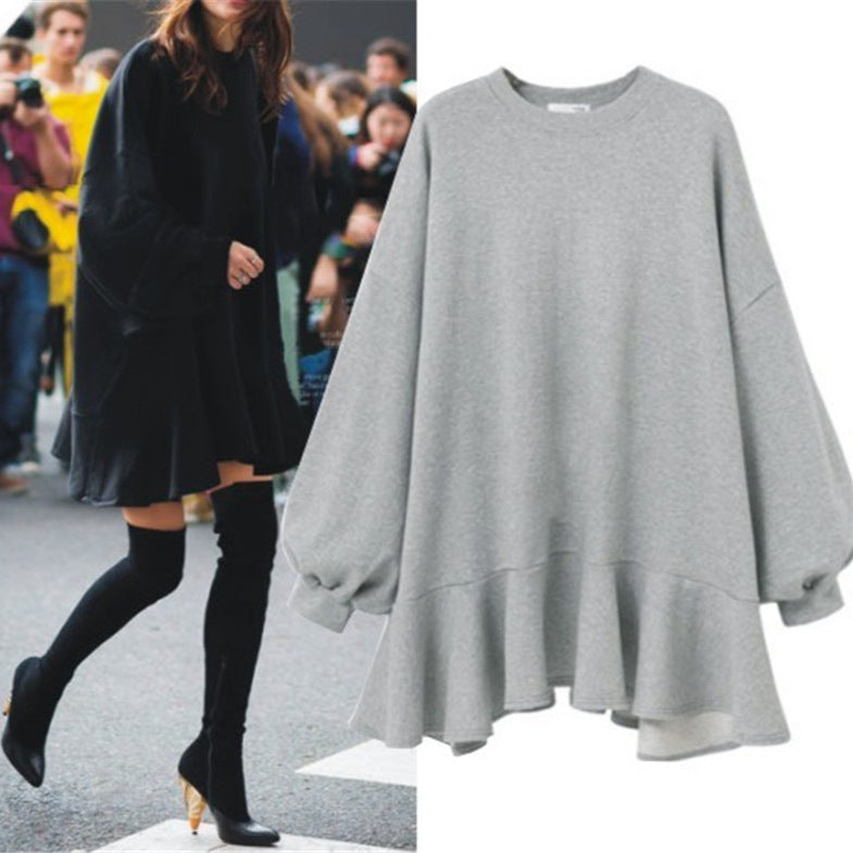 Damen nan oversized Sweatshirtkleid mit Volantsaum und Ballonärmeln Drune
