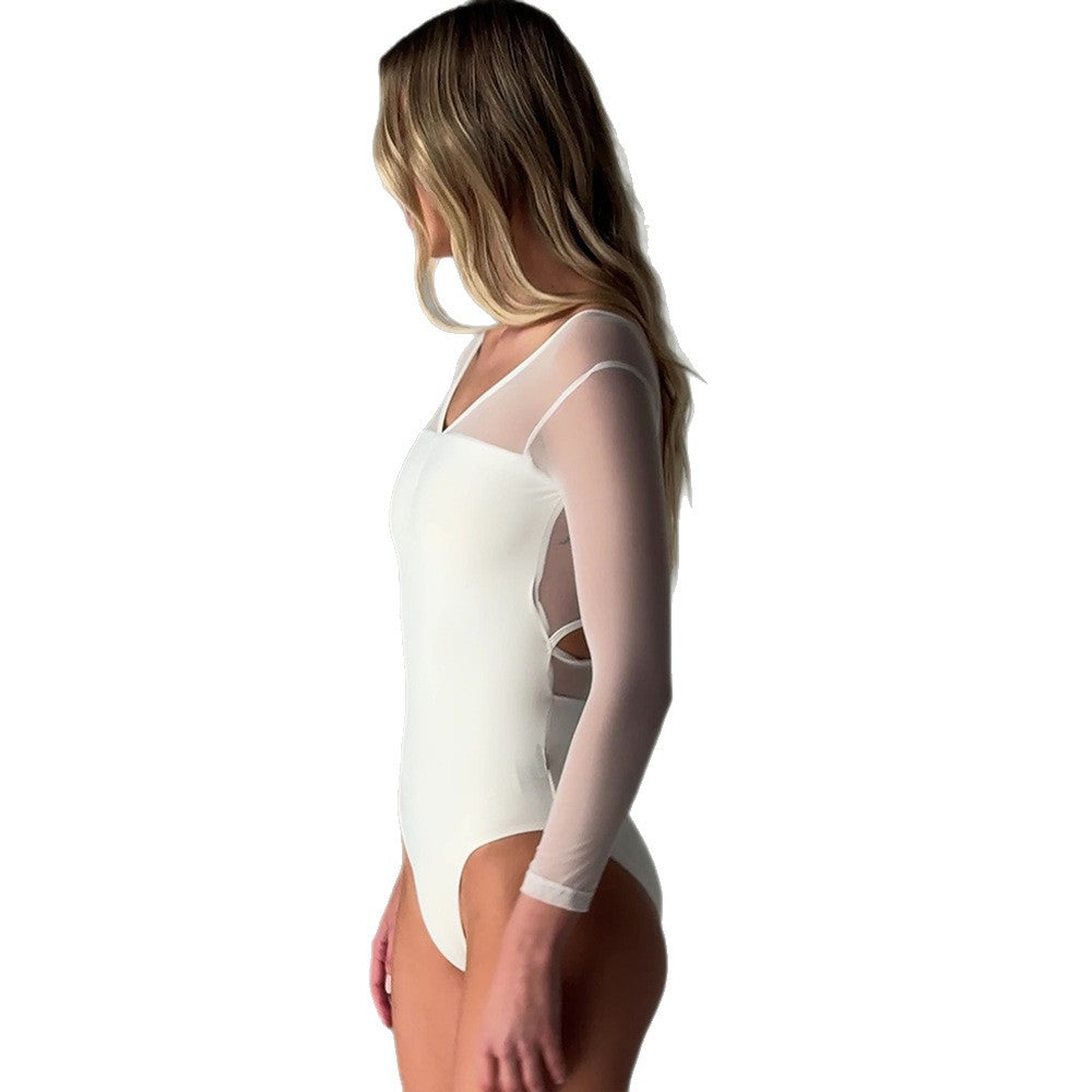 Damen Eleganter Body mit transparenten Ärmeln Drune