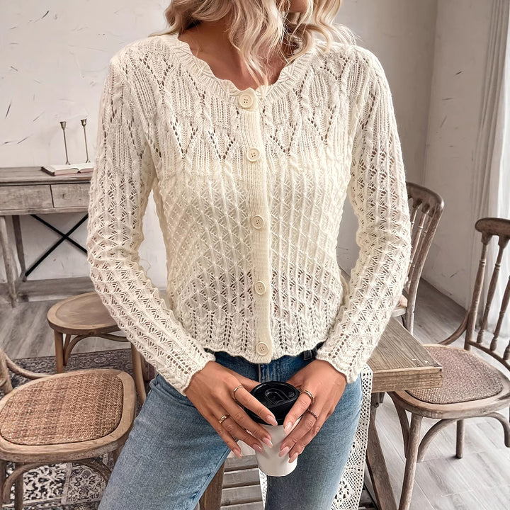 Damen Strickjacke mit einzigartiger Häkelstruktur und knopflosem Design Drune