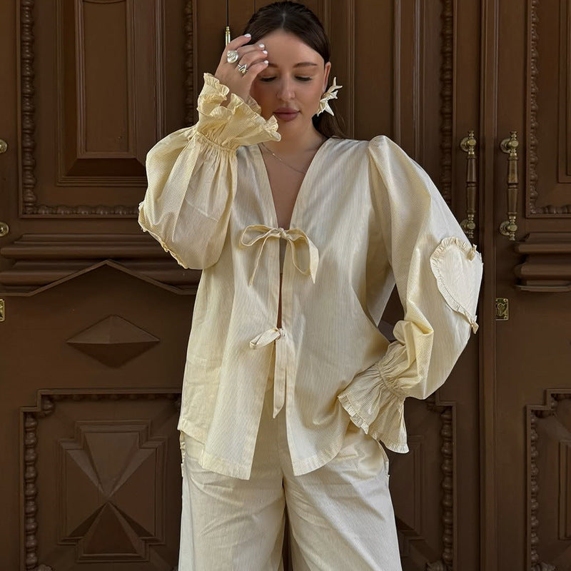 Damen lässige Loungewear-Kombination mit voluminösen Ärmeln Drune
