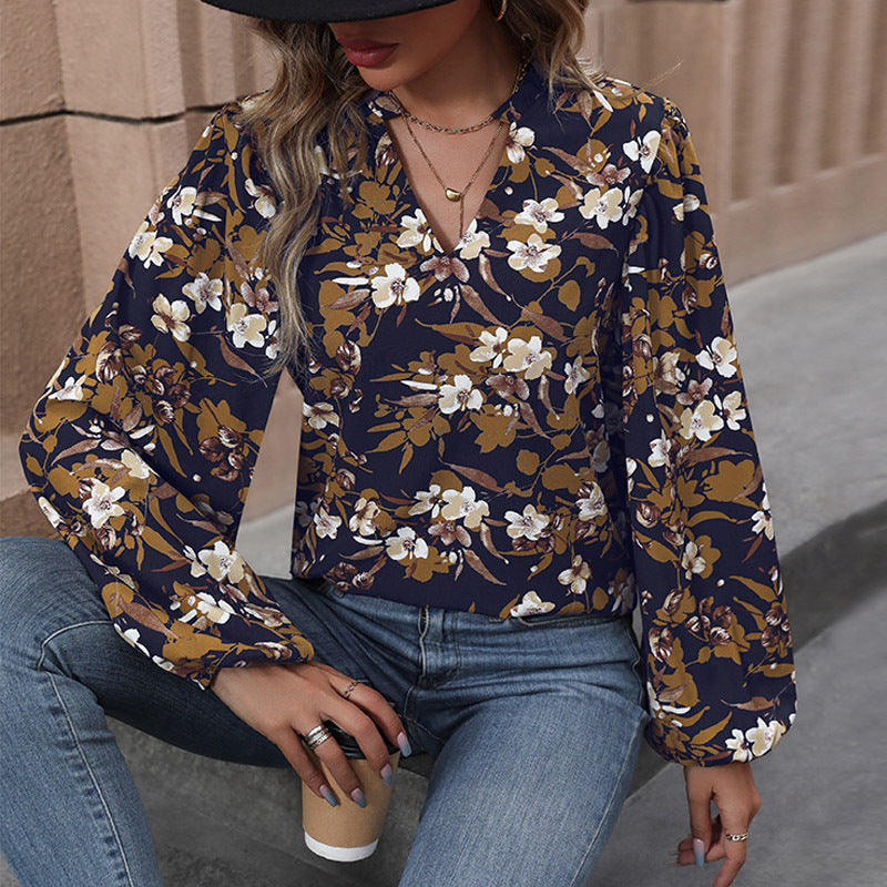 Damen Bluse mit floralem Design und weitem Ärmel Drune