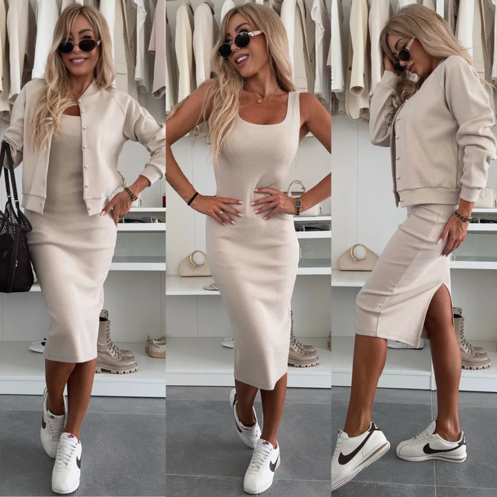 Damen lässiges Set aus Strickkleid und Bolerojacke Drune