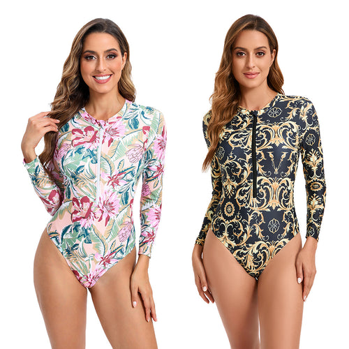 Damen Sportlicher Langarm-Badeanzug mit Reißverschluss und eleganten Mustern Drune
