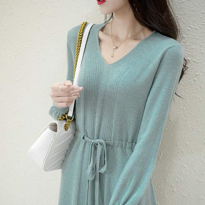 Damen Strickkleid mit V-Ausschnitt und Taillengürtel Drune