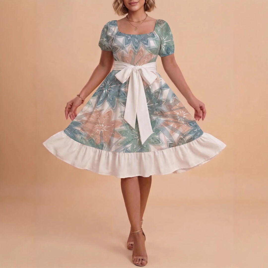 Damen elegantes Maxikleid mit floralem Design und Taillengürtel Drune