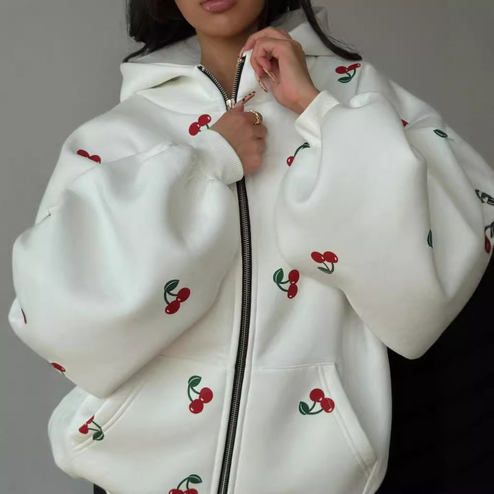 Damen Kapuzenjacke mit einzigartigem Kirschdesign und oversized Schnitt Drune