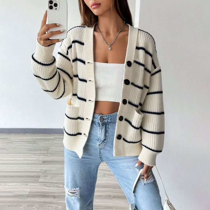 Damen Strickjacke mit langen Ärmeln und klassischen Streifendetails Drune