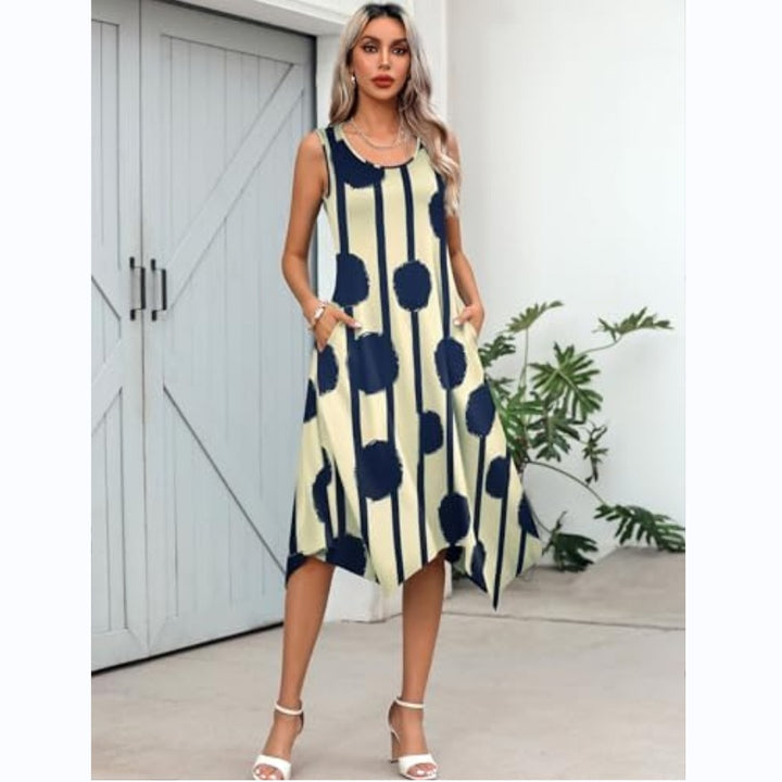 Damen asymmetrisches Freizeitkleid mit modernem Muster und fließendem Schnitt Drune