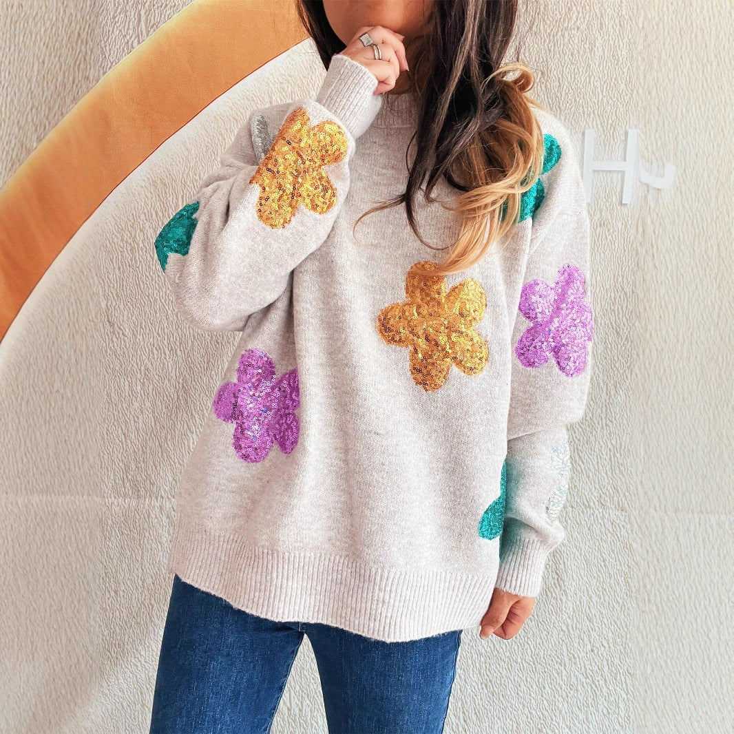 Damen Strickpullover mit bunten Funkelblumen Drune