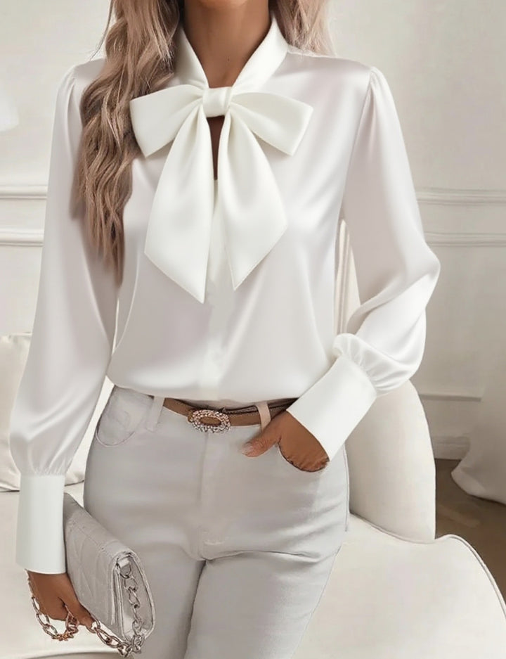 Damen elegante Satinbluse mit Schleifenkragen und Puffärmeln Drune