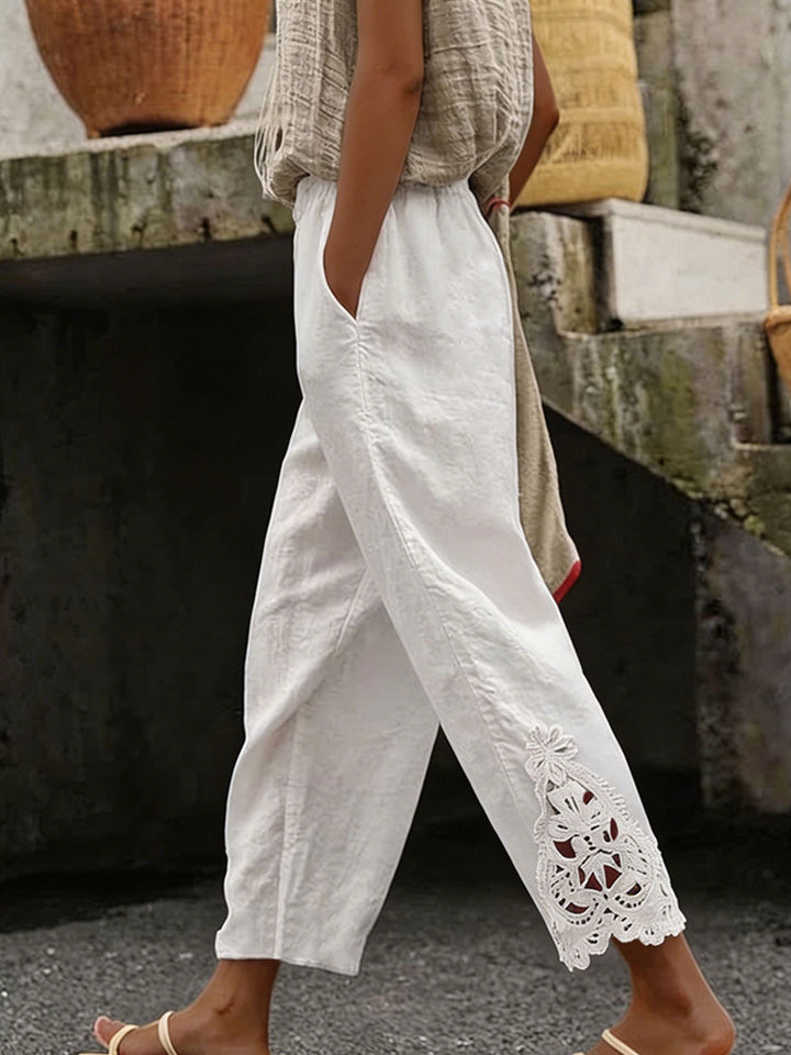 Damen elegante Leinenhose mit Spitzenapplikationen Drune