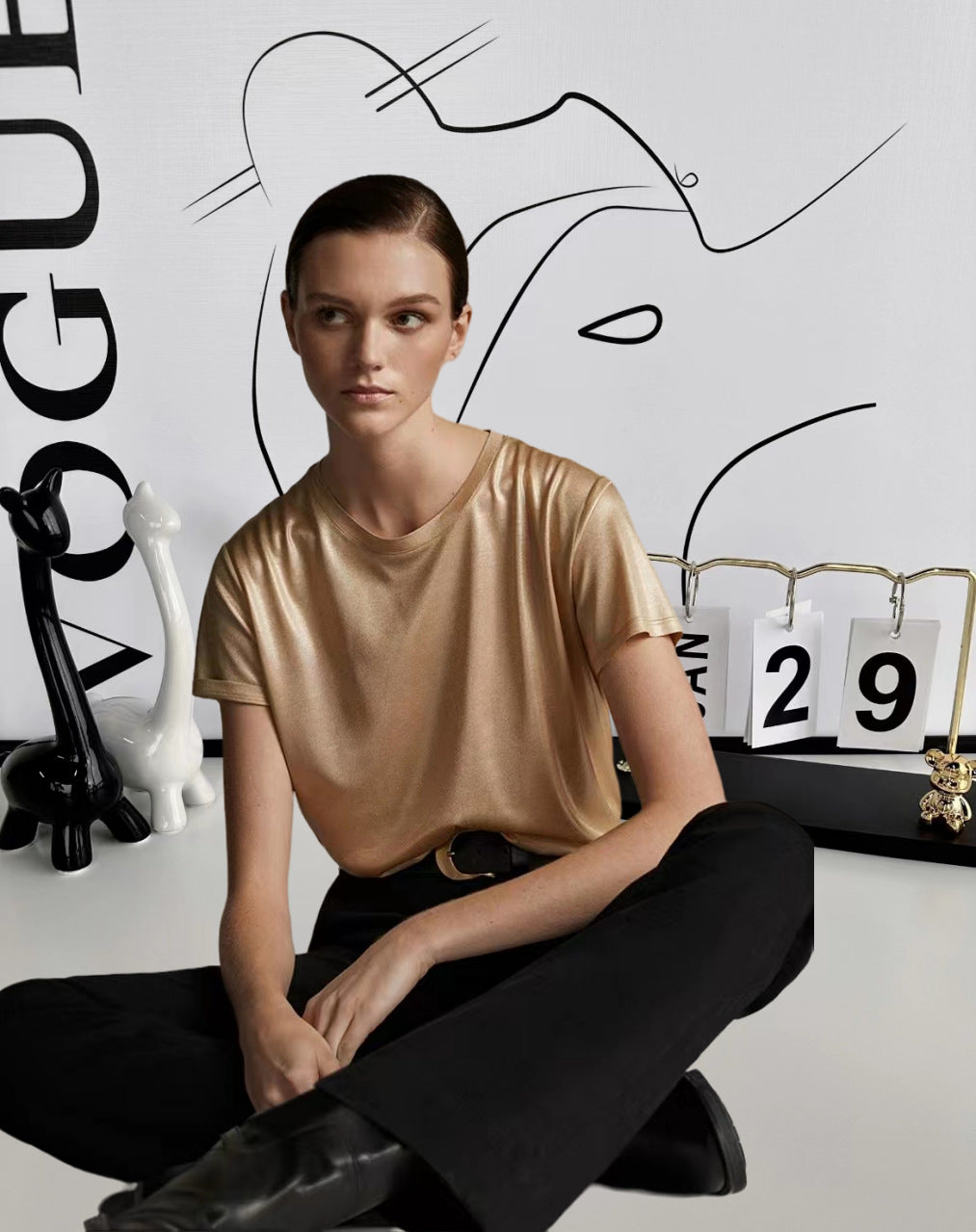 Damen Elegantes glänzendes T-Shirt mit Rundhalsausschnitt und lockerer Passform Drune