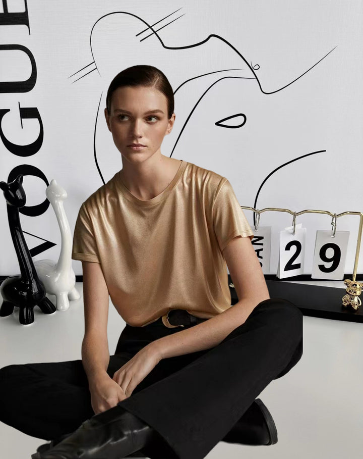 Damen Elegantes glänzendes T-Shirt mit Rundhalsausschnitt und lockerer Passform Drune