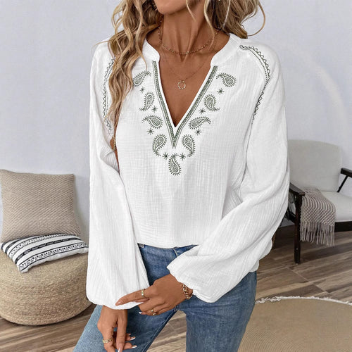 Damen nan bestickte Baumwoll-Gauze Tunika-Bluse mit ornamentaler V-Ausschnitt-Stickerei und Trompetenärmeln Drune