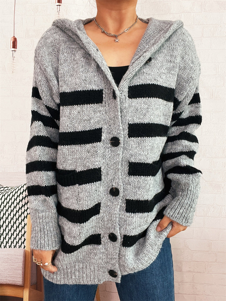 Damen lässiger Strickcardigan mit Kapuze und breiten Streifen Drune