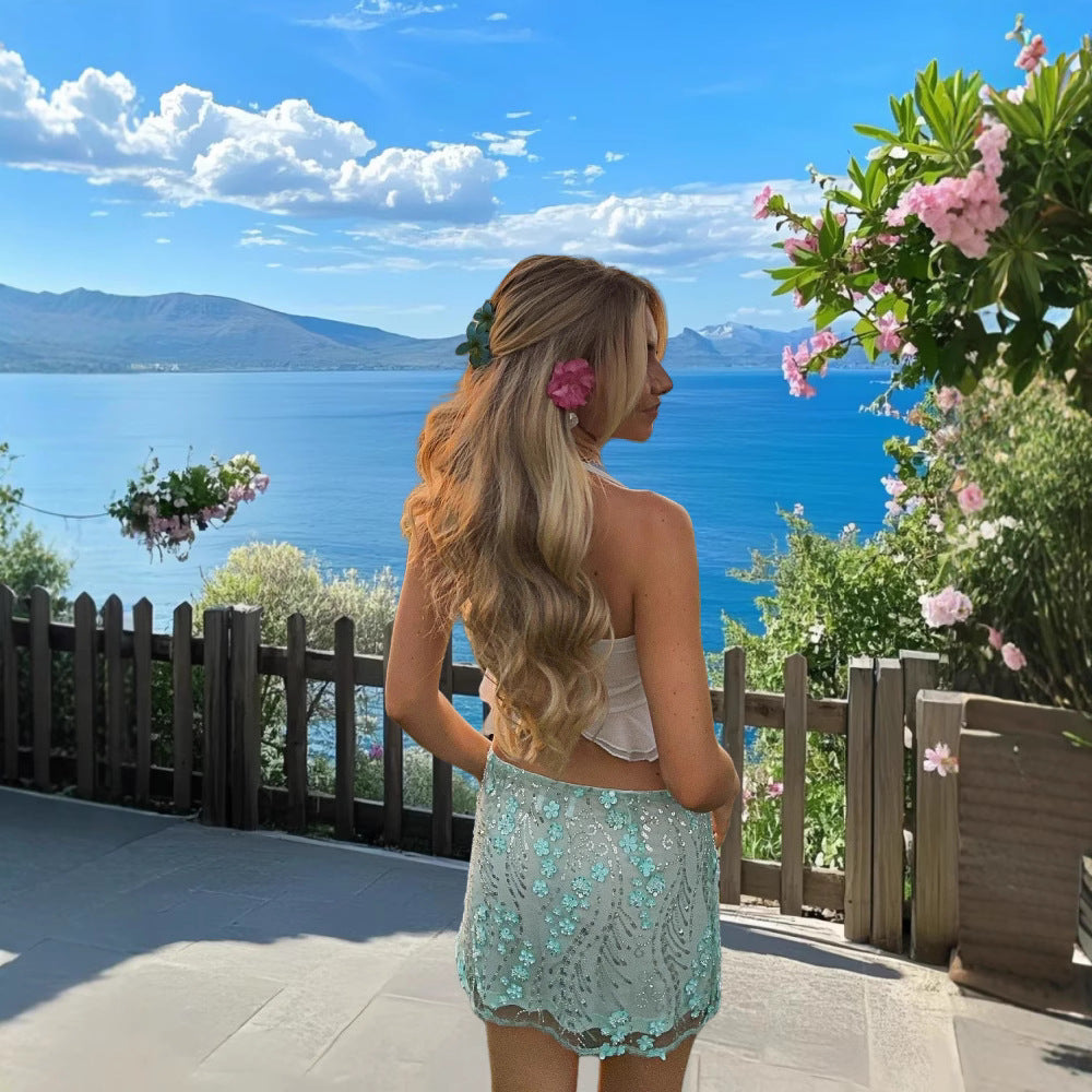 Damen kurzer Rock mit funkelnden Pailletten und boho-inspiriertem Design Drune