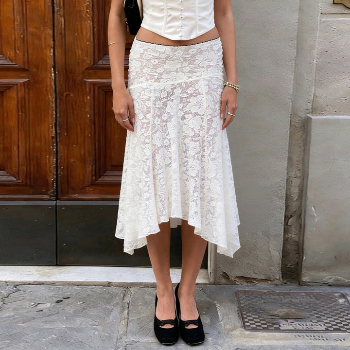 Damen Spitzenrock mit asymmetrischem Schnitt und floralen Details Drune