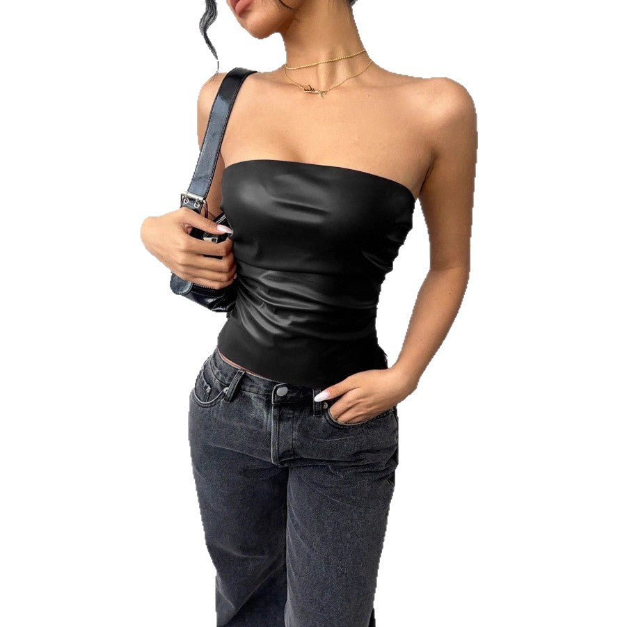 Damen Figurumspielendes Oberteil im edgy Lederlook Drune