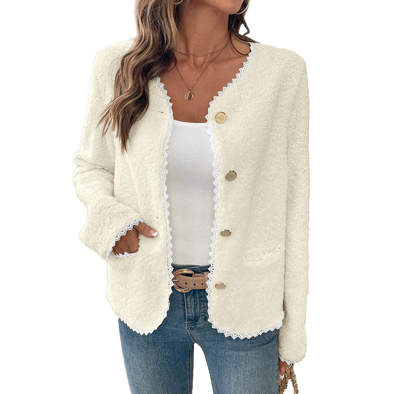 Damen weiche Teddyjacke mit Spitzenverzierung Drune