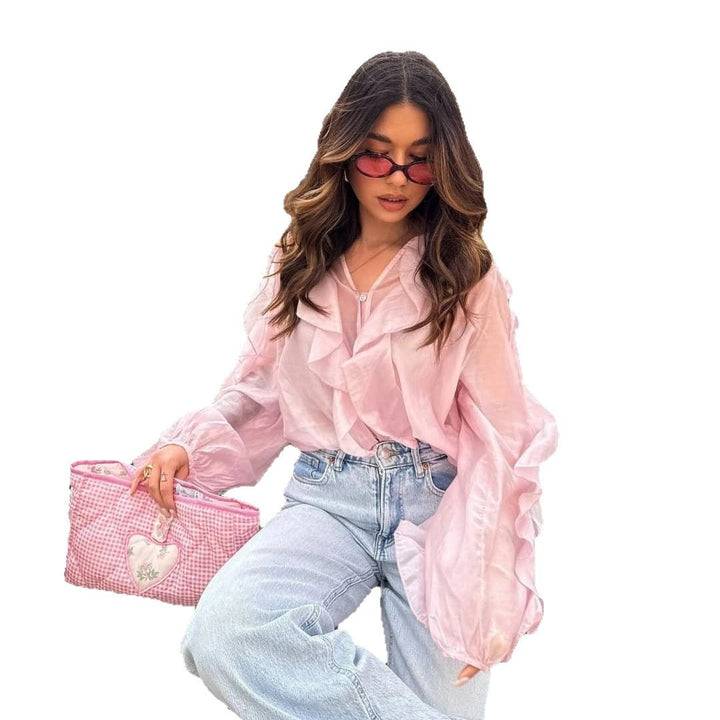 Damen Bluse mit voluminösen Rüschendetails und gewelltem Saum Drune