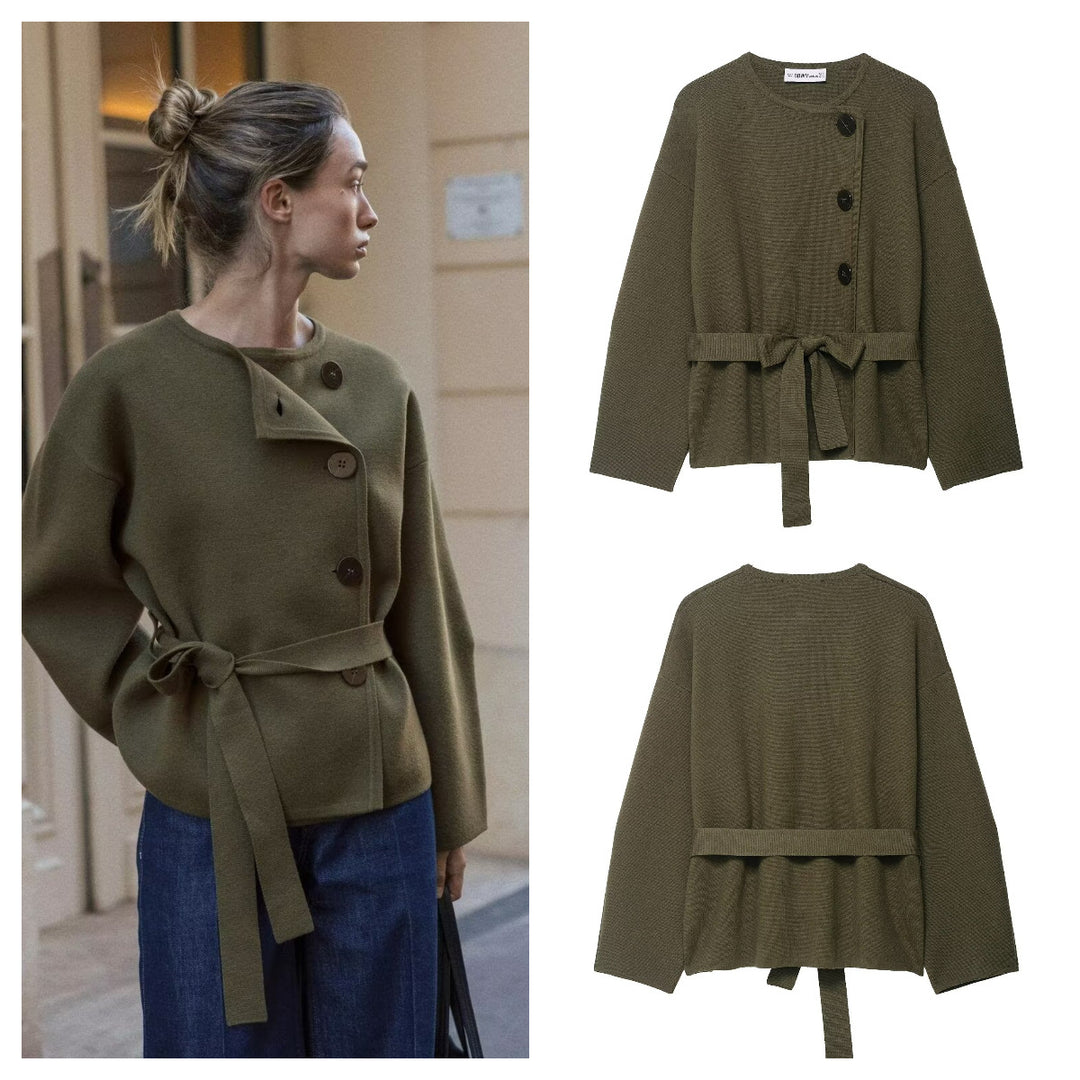 Damen lässige Strickjacke mit Taillengürtel und eleganten Knopfdetails Drune