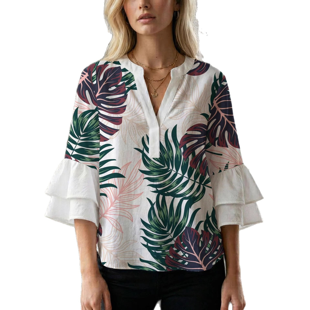 Damen Blusenshirt mit voluminösen Ärmeln und kreativem Druckdesign Drune