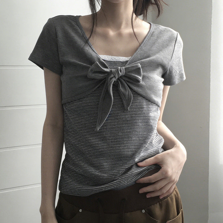 Damen kurzes T-Shirt mit Knoten-Detail und gestreiftem Design Drune