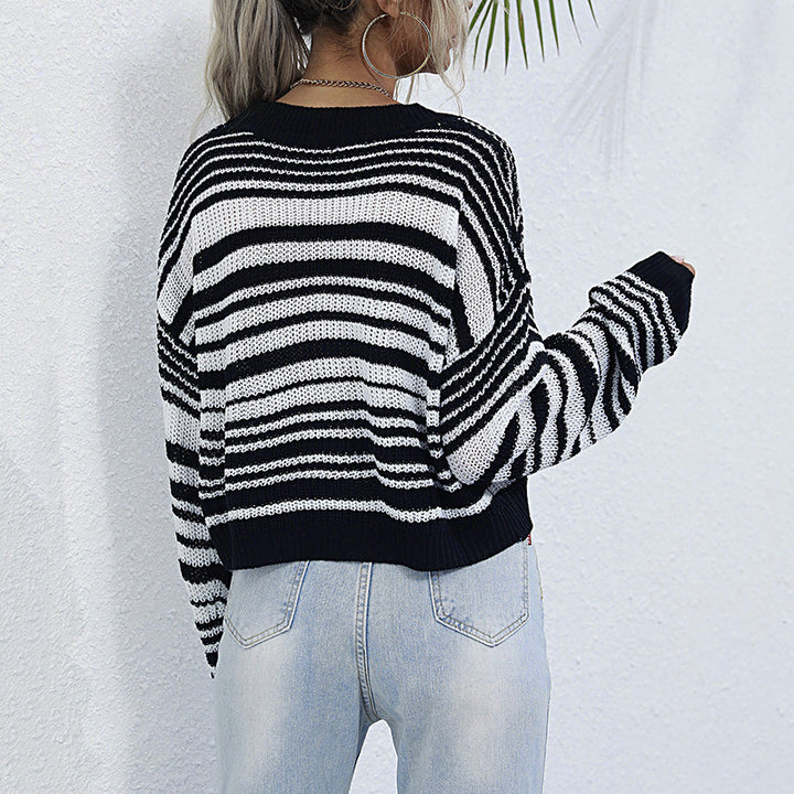 Damen lässiger Strickpullover mit weitem Schnitt und modischem Streifenmuster Drune