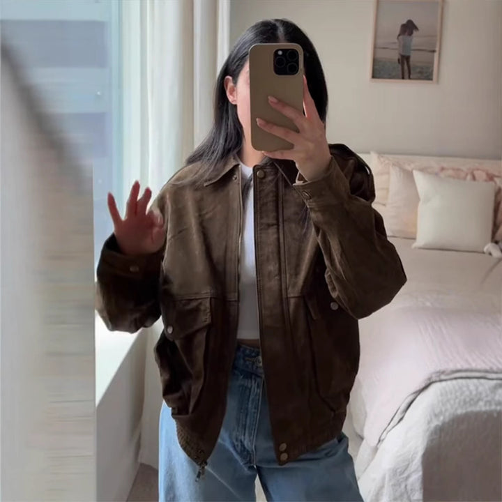 Damen Lederjacke mit zwei großen Taschen und praktischem Reißverschluss Drune