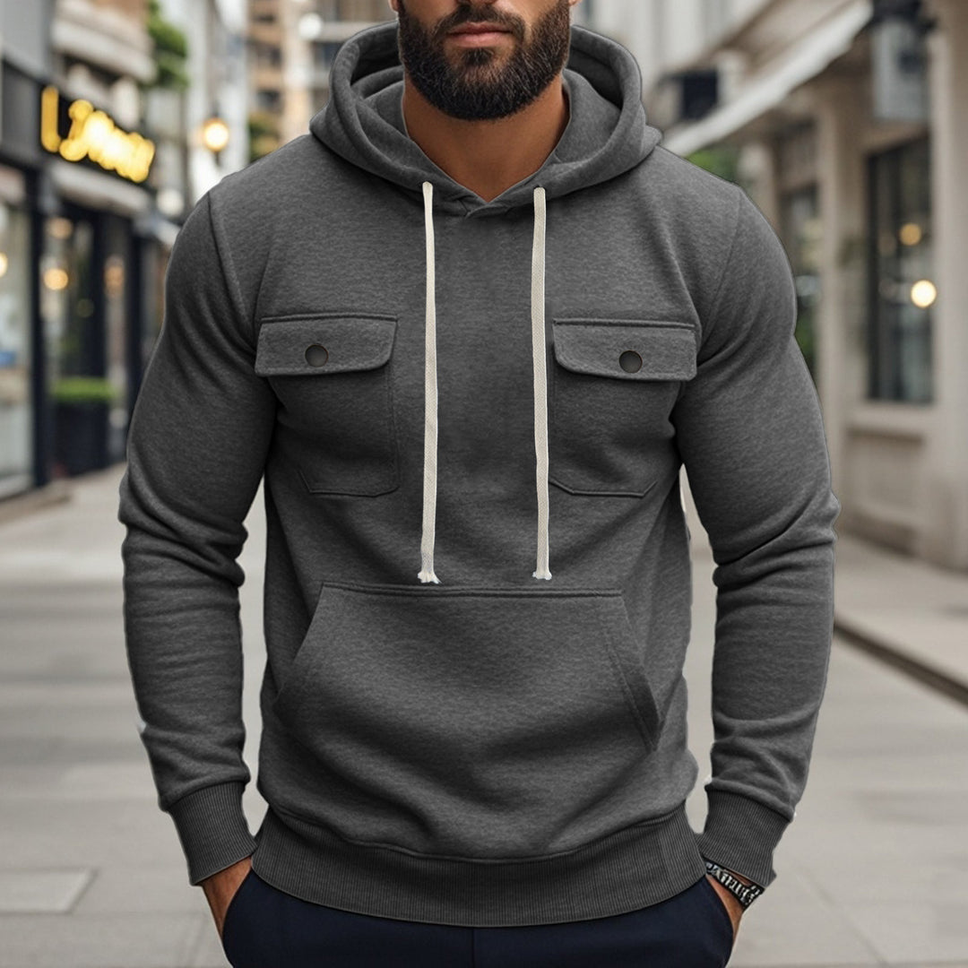 Herren nan sportiver Kapuzenpullover mit aufgesetzten Klappentaschen, Kängurutasche und schmalem Saum Drune