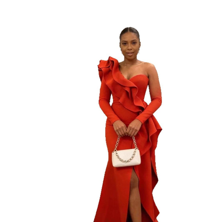Damen schulterfreies Abendkleid mit Rüschendetails und asymmetrischem Schnitt Drune