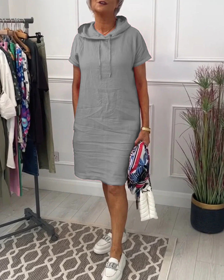 Damen nan legeres Kapuzenkleid mit kurzem Ärmel, geradem Schnitt und Kordelzug Drune