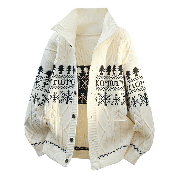 Damen nan gestrickter Norweger-Cardigan mit Stehkragen, Zopfmuster und aufgesetzten Taschen Drune