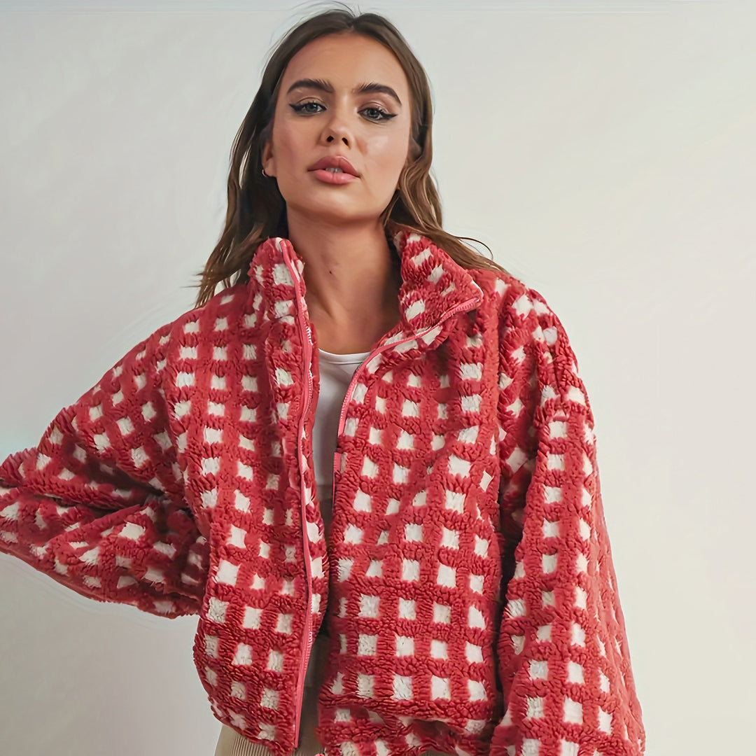 Damen kuschelige Oversized Fleecejacke mit Karomuster und hohem Kragen Drune