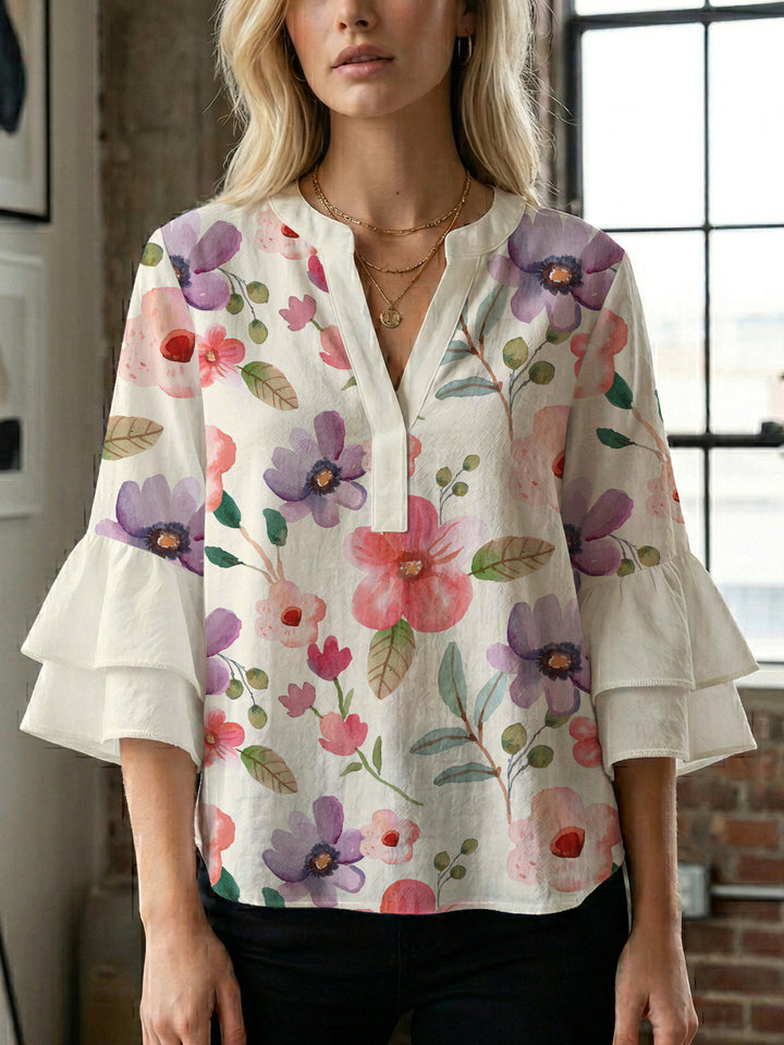 Damen elegantes Oberteil mit voluminösen Rüschensäumen und floralem Design Drune