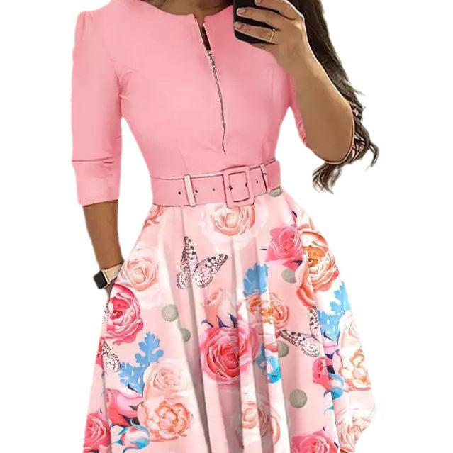 Damen Kleid im eleganten A-Linien-Stil mit Taillengürtel und floralem Druck Drune